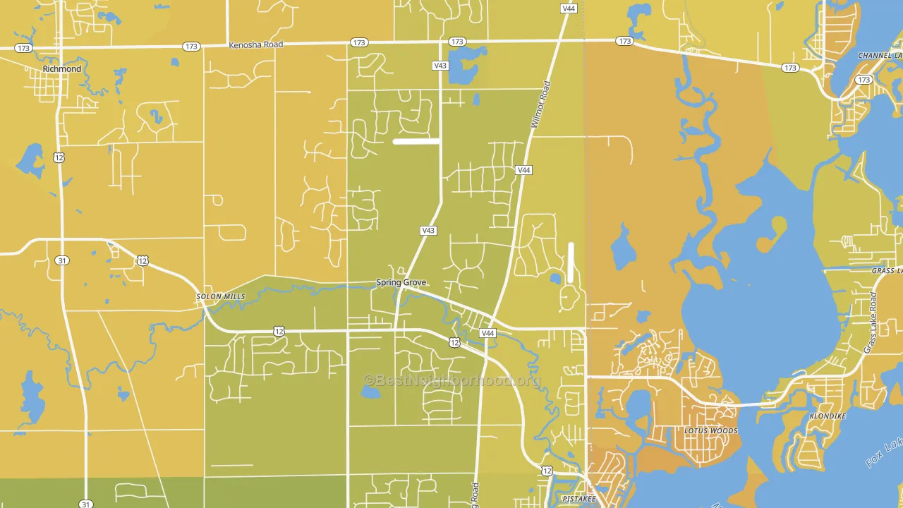 Map of the best neighborhoods in the Spring Grove area, with better matches in green and worse matches in red