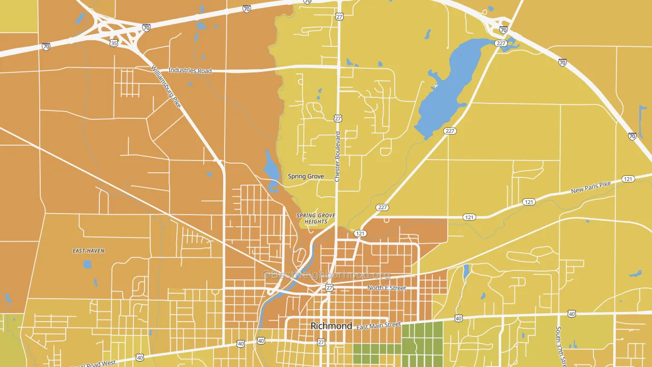 Map of the best neighborhoods in the Spring Grove area, with better matches in green and worse matches in red