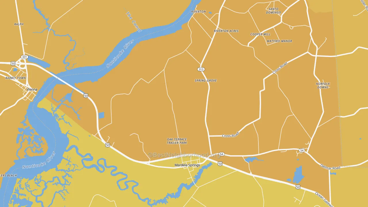 Map of the best neighborhoods in the Spring Grove area, with better matches in green and worse matches in red