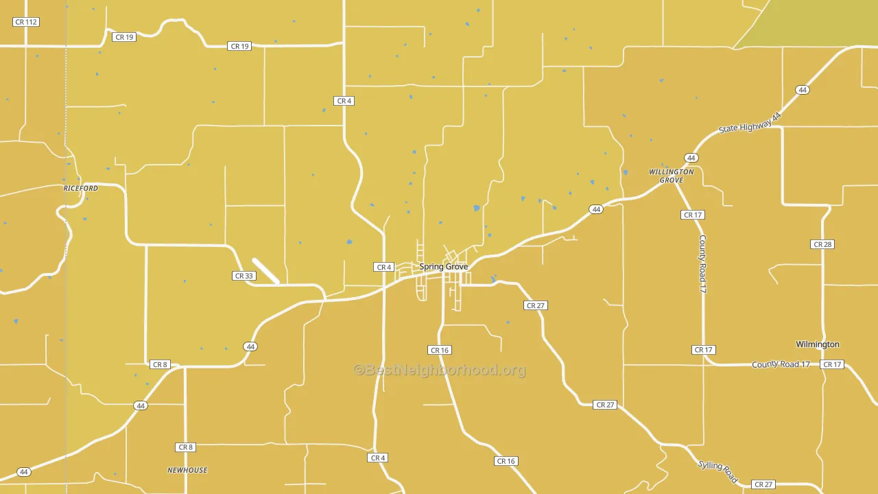 Map of the best neighborhoods in the Spring Grove area, with better matches in green and worse matches in red