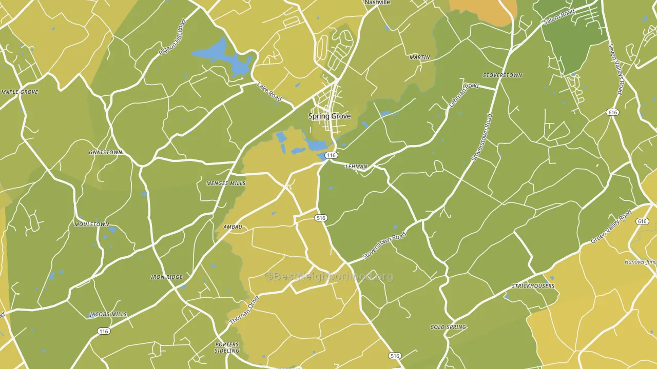 Map of the best neighborhoods in the Spring Grove area, with better matches in green and worse matches in red