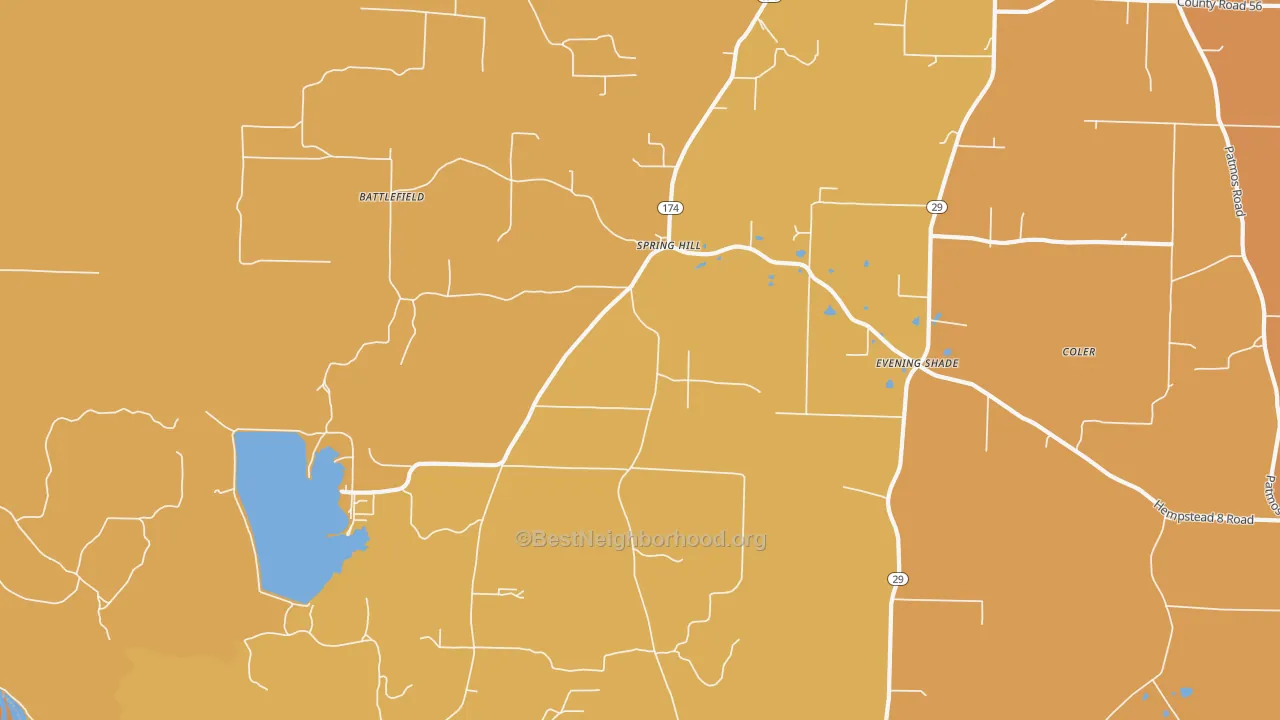 Map of the best neighborhoods in the Spring Hill area, with better matches in green and worse matches in red