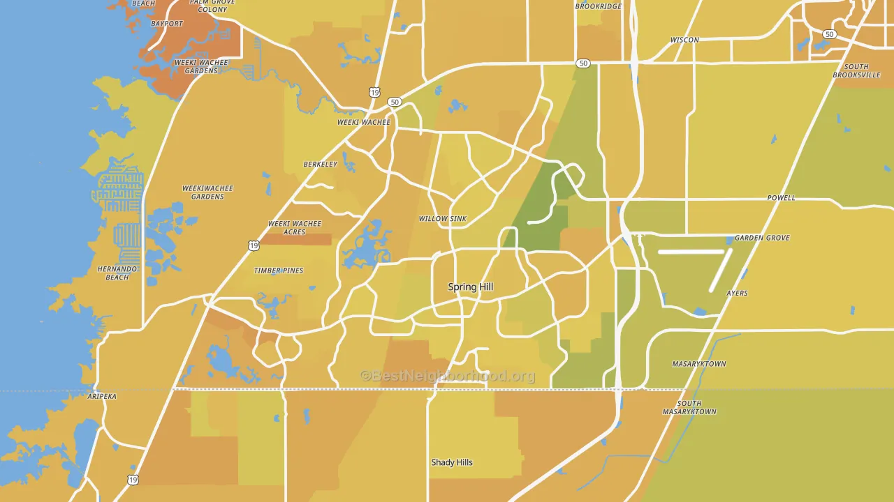 Map of the best neighborhoods in the Spring Hill area, with better matches in green and worse matches in red