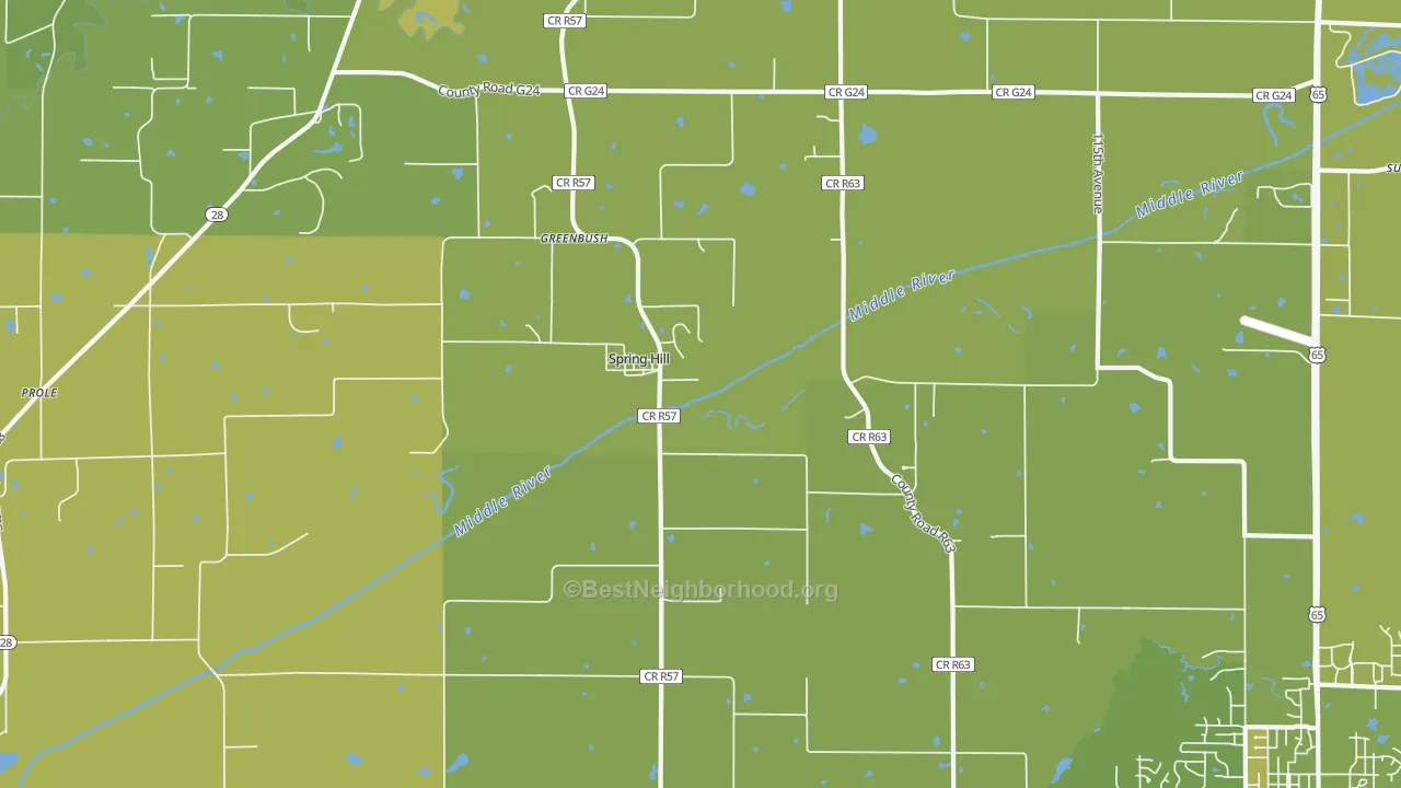 Map of the best neighborhoods in the Spring Hill area, with better matches in green and worse matches in red