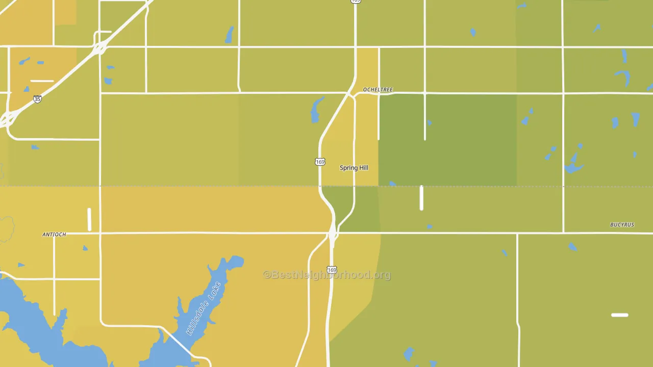 Map of the best neighborhoods in the Spring Hill area, with better matches in green and worse matches in red