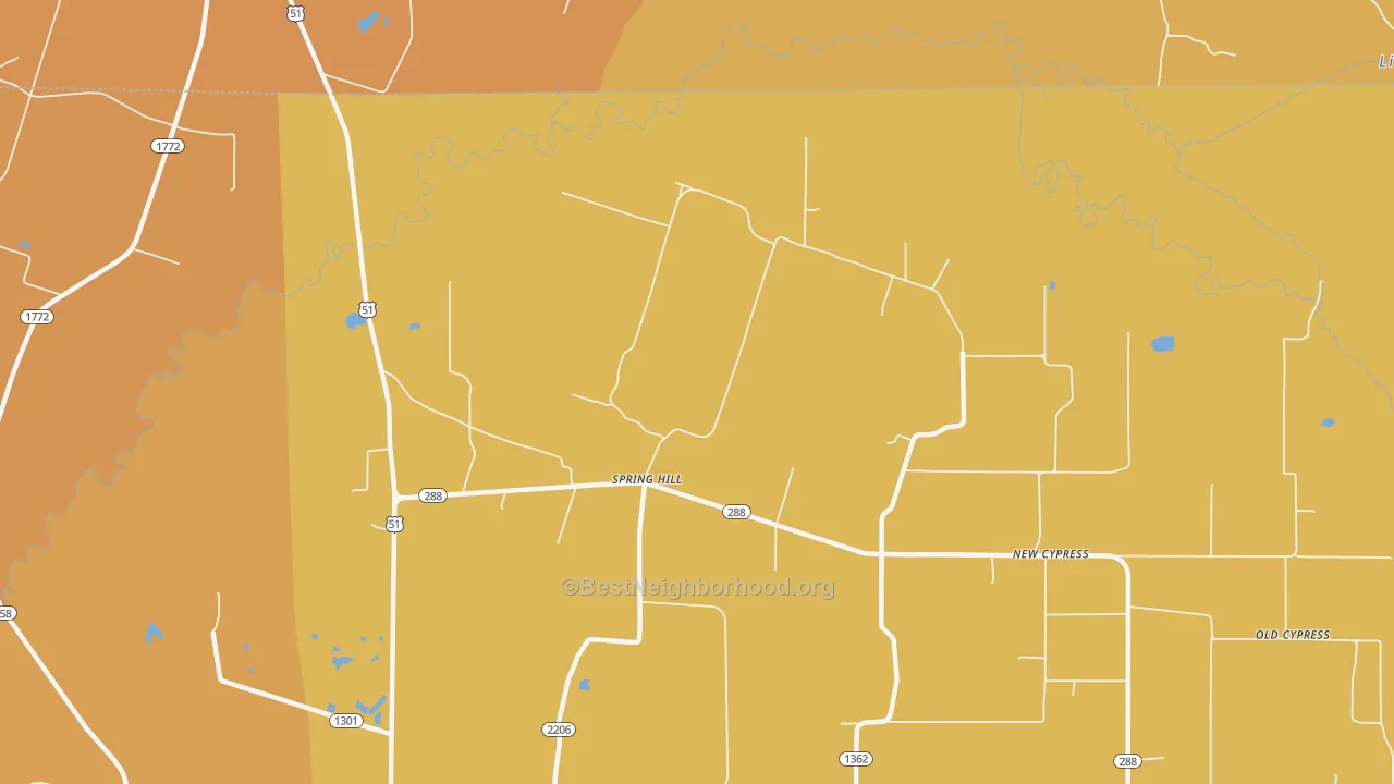 Map of the best neighborhoods in the Spring Hill area, with better matches in green and worse matches in red