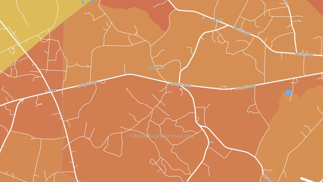 Map of the best neighborhoods in the Spring Hill area, with better matches in green and worse matches in red