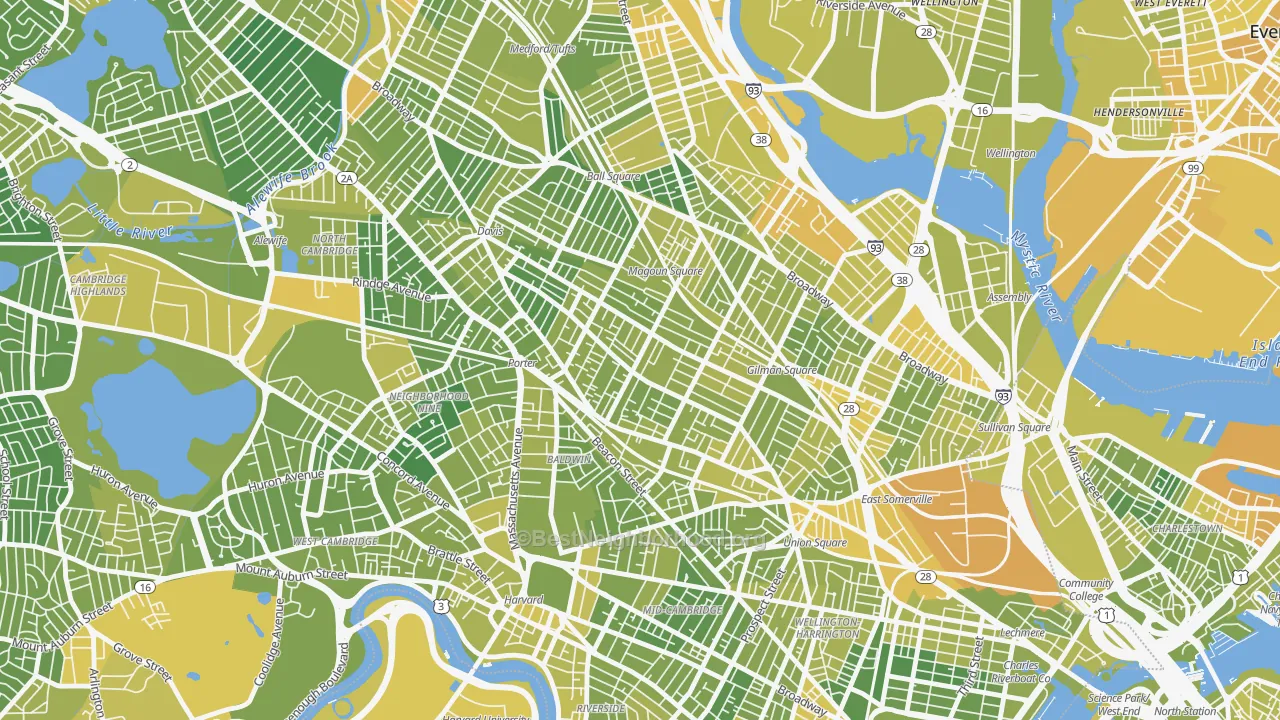 Map of the best neighborhoods in the Spring Hill, Somerville area, with better matches in green and worse matches in red