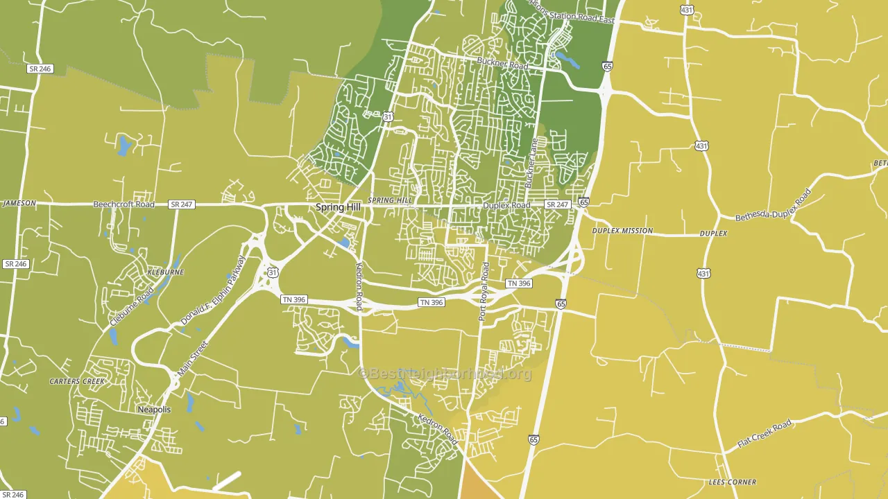 Map of the best neighborhoods in the Spring Hill area, with better matches in green and worse matches in red