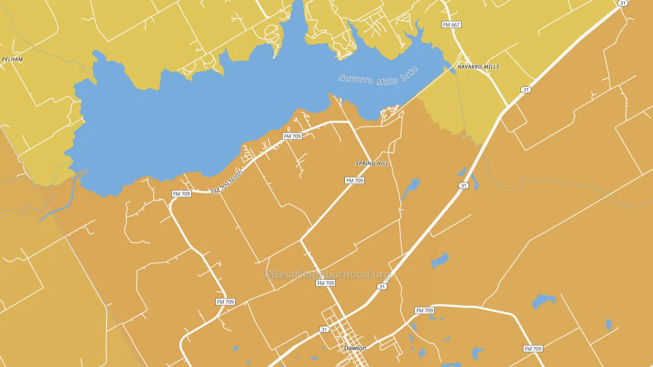 Map of the best neighborhoods in the Spring Hill area, with better matches in green and worse matches in red