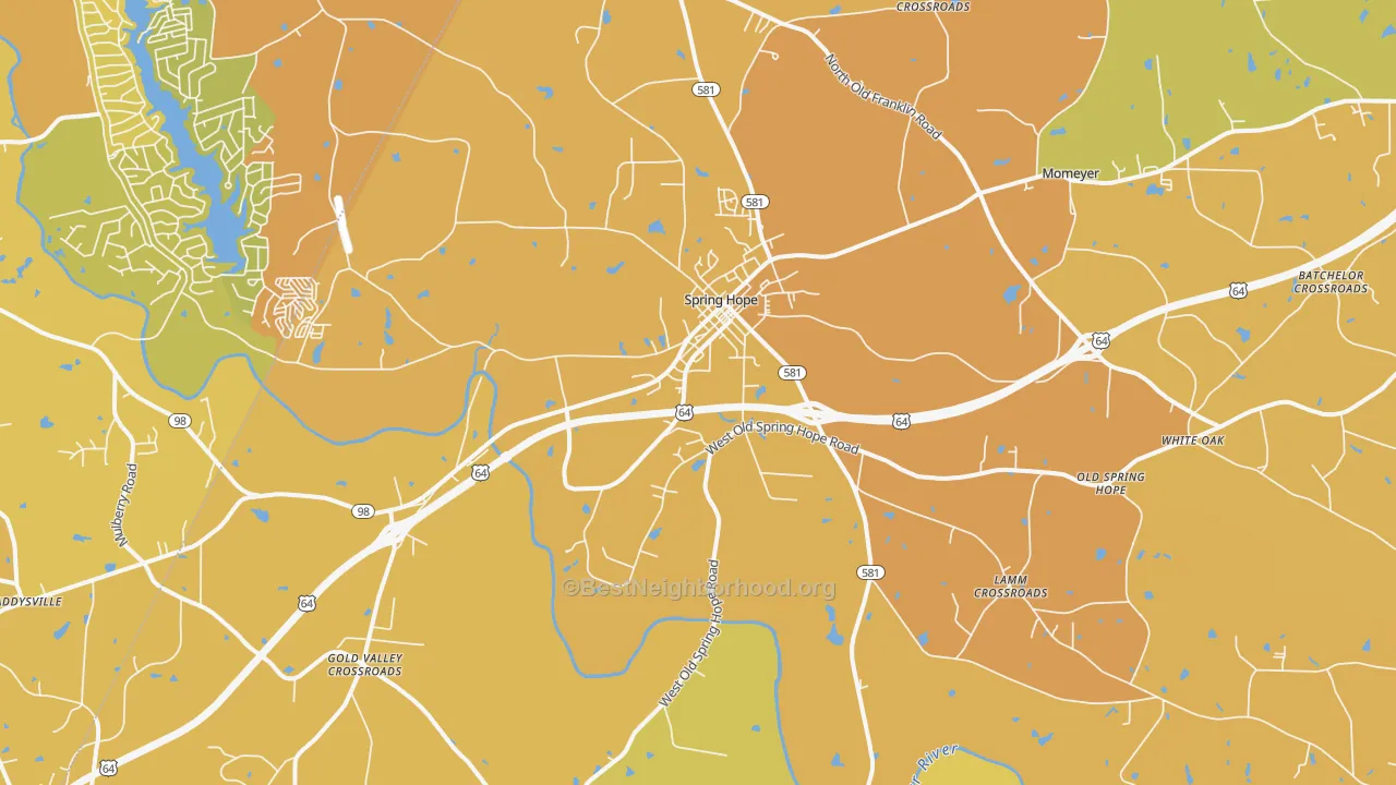Map of the best neighborhoods in the Spring Hope area, with better matches in green and worse matches in red