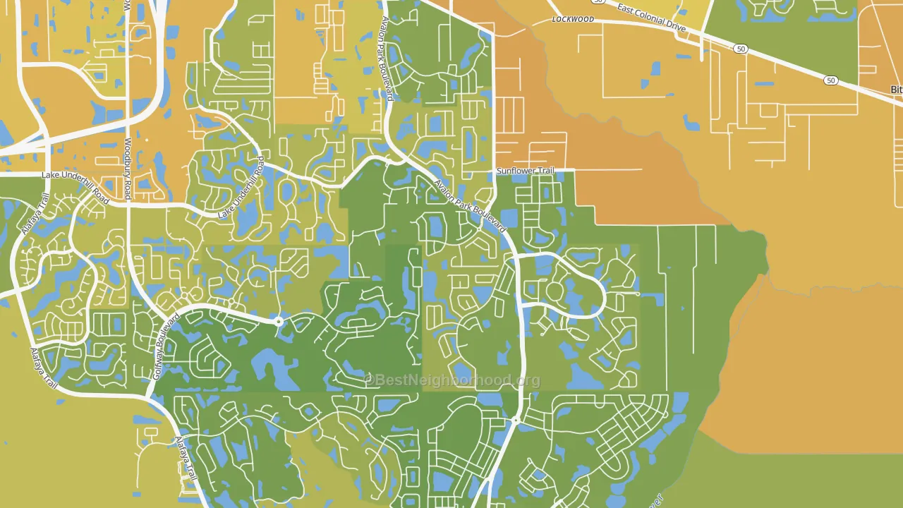 Map of the best neighborhoods in the Spring Isle, Alafaya area, with better matches in green and worse matches in red
