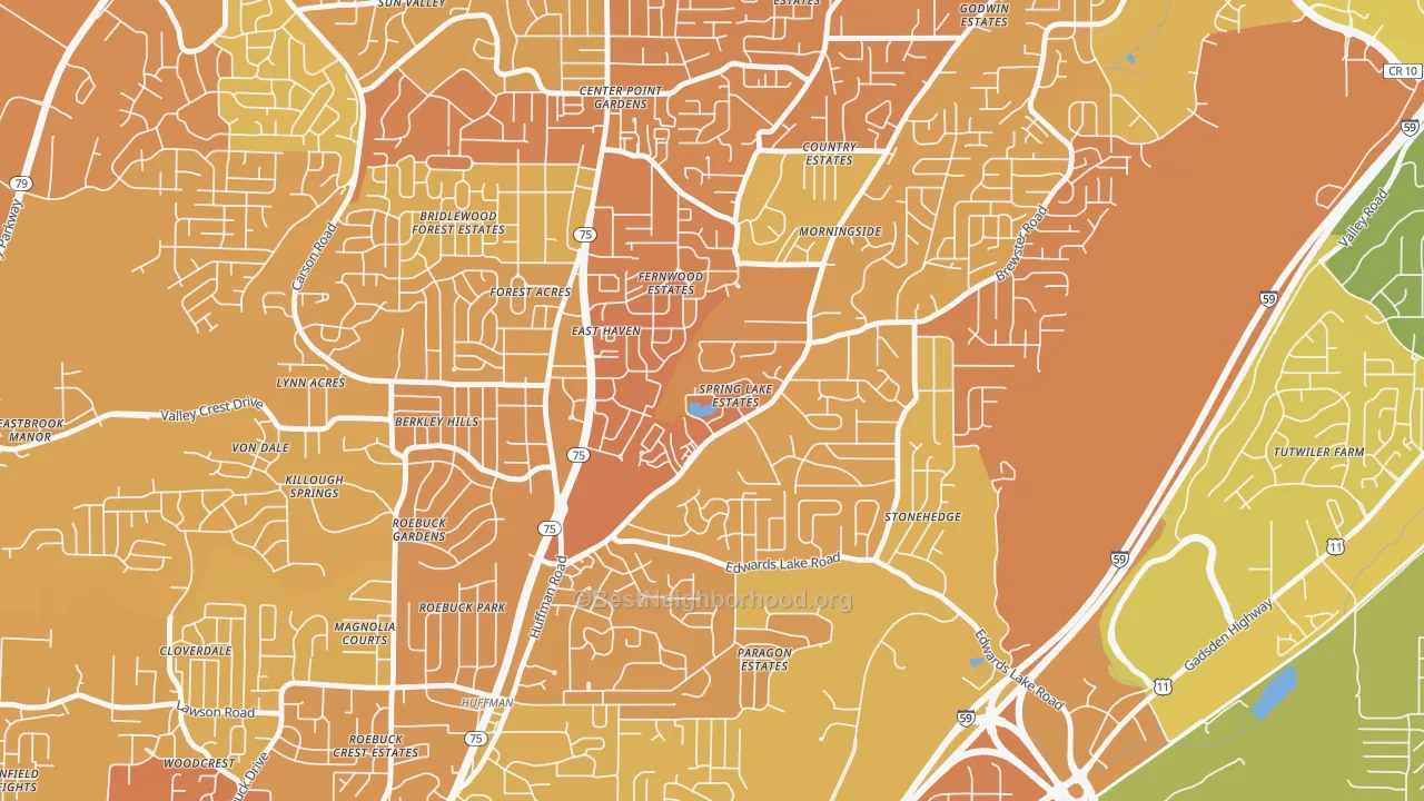 Map of the best neighborhoods in the Spring Lake, Birmingham area, with better matches in green and worse matches in red
