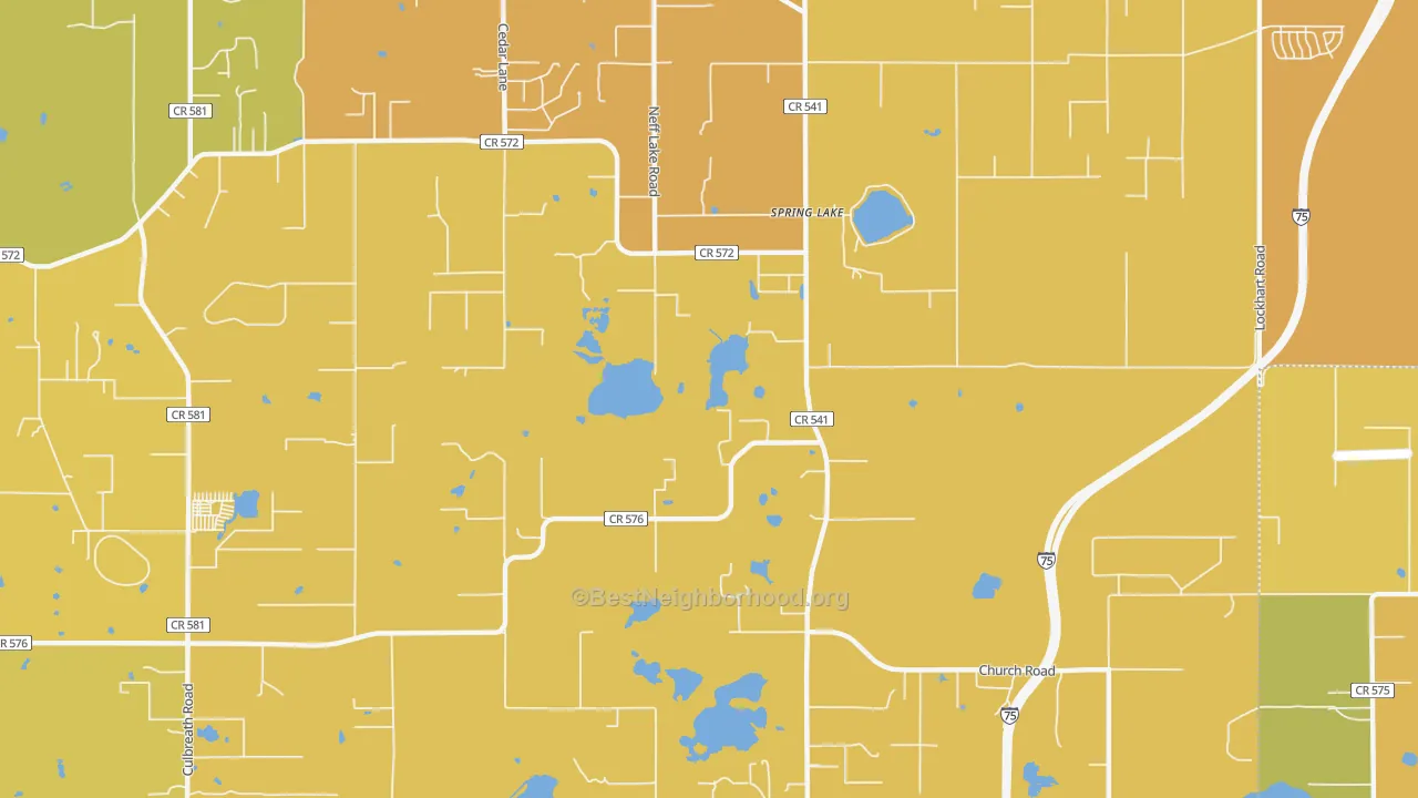 Map of the best neighborhoods in the Spring Lake area, with better matches in green and worse matches in red
