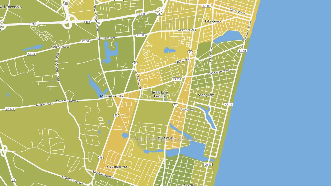 Map of the best neighborhoods in the Spring Lake Heights area, with better matches in green and worse matches in red