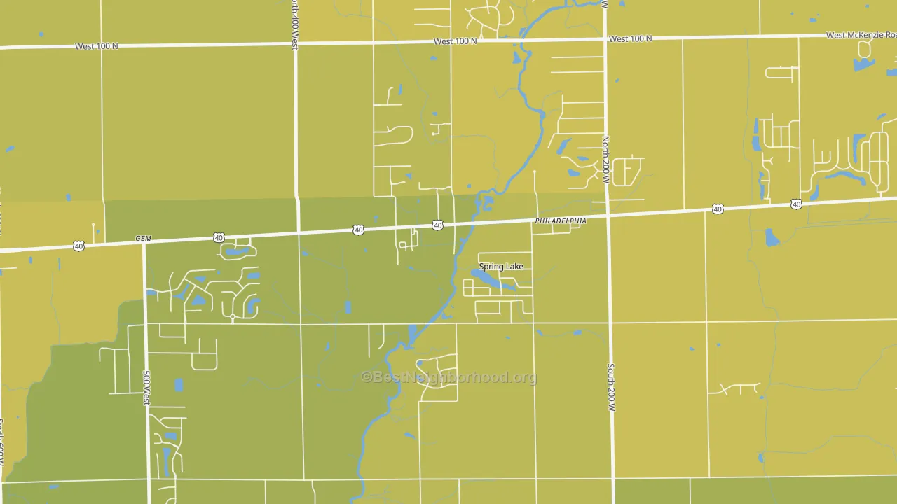 Map of the best neighborhoods in the Spring Lake area, with better matches in green and worse matches in red