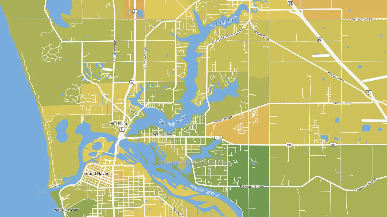 Map of the best neighborhoods in the Spring Lake area, with better matches in green and worse matches in red