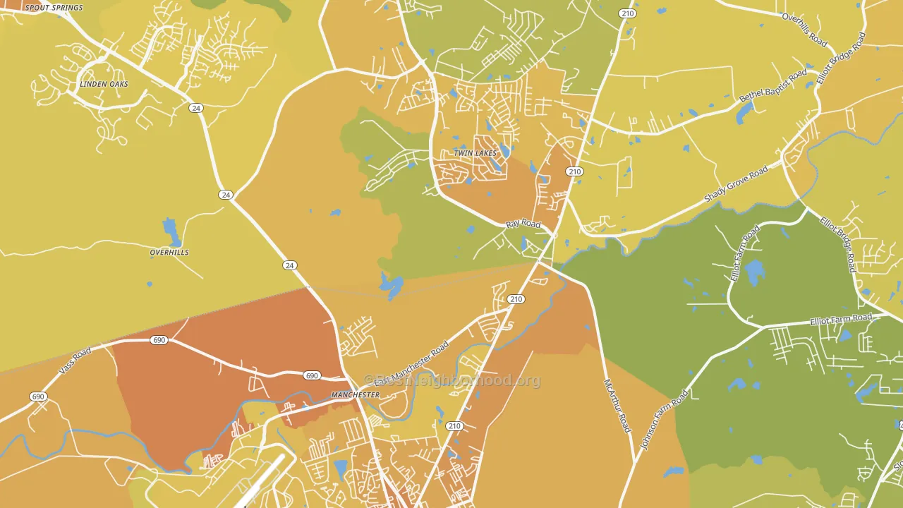 Map of the best neighborhoods in the Spring Lake area, with better matches in green and worse matches in red