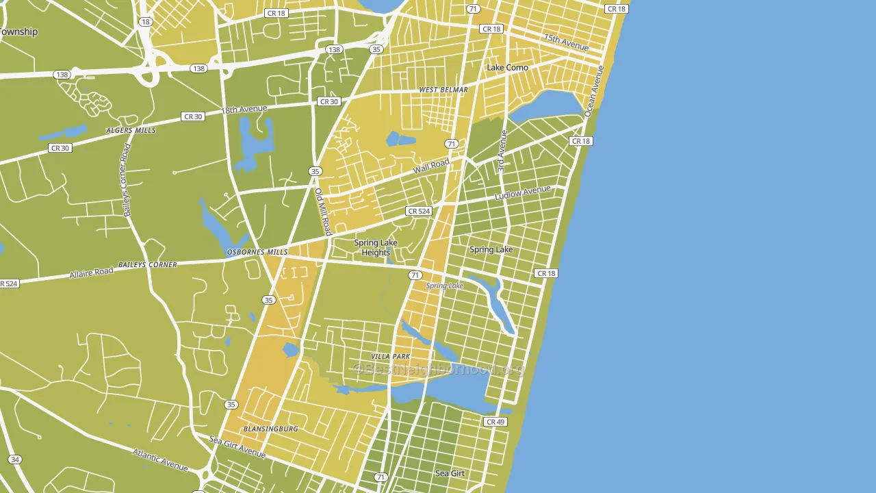 Map of the best neighborhoods in the Spring Lake area, with better matches in green and worse matches in red