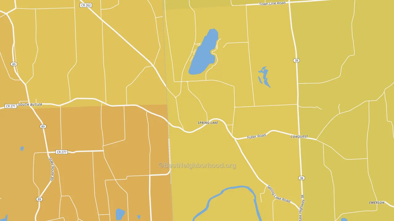 Map of the best neighborhoods in the Spring Lake area, with better matches in green and worse matches in red
