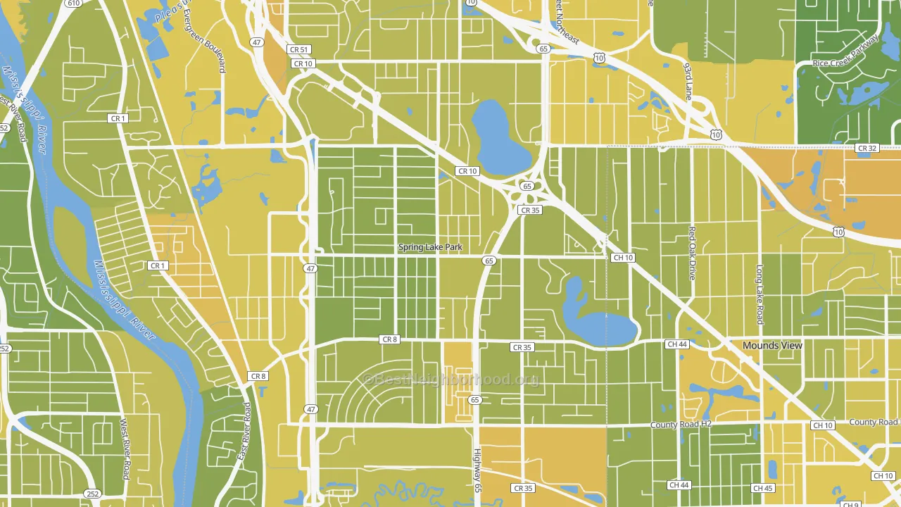 Map of the best neighborhoods in the Spring Lake Park area, with better matches in green and worse matches in red