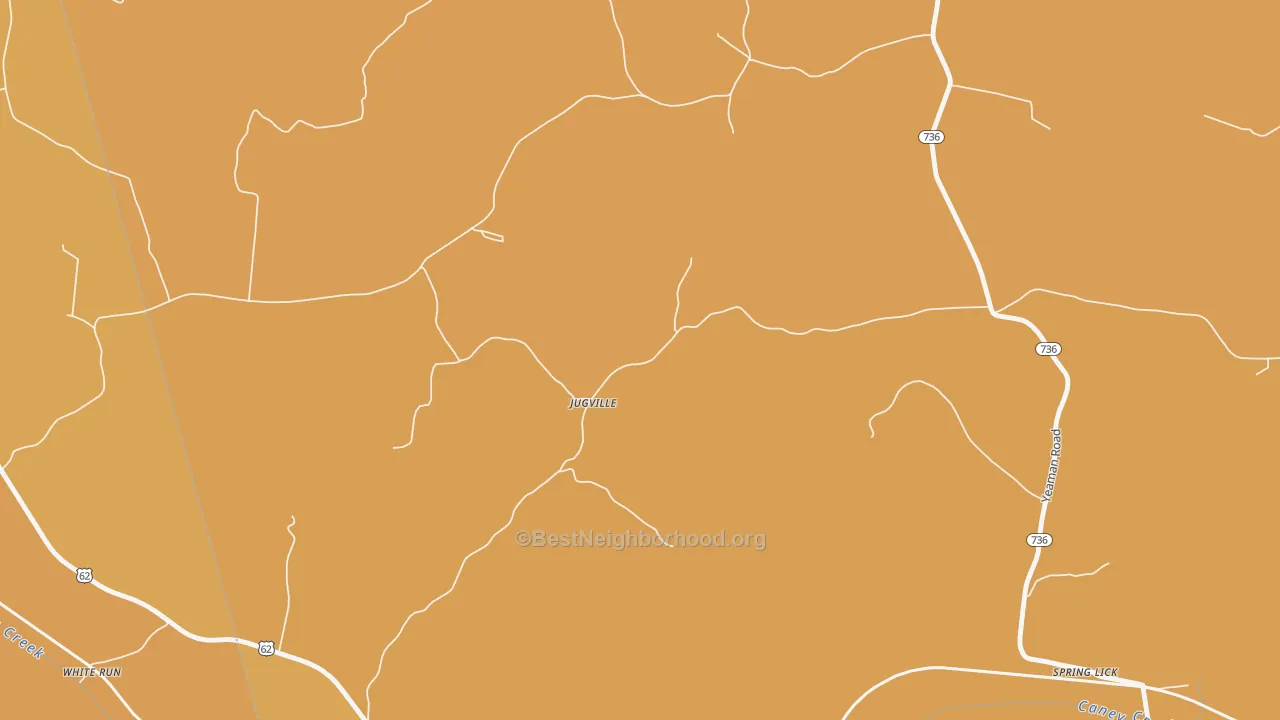 Map of the best neighborhoods in the Spring Lick area, with better matches in green and worse matches in red