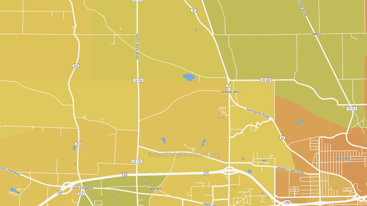 Map of the best neighborhoods in the Spring Mill area, with better matches in green and worse matches in red