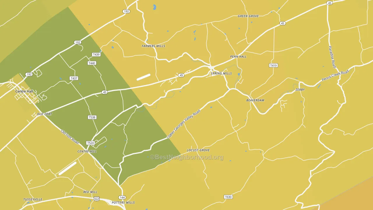 Map of the best neighborhoods in the Spring Mills area, with better matches in green and worse matches in red