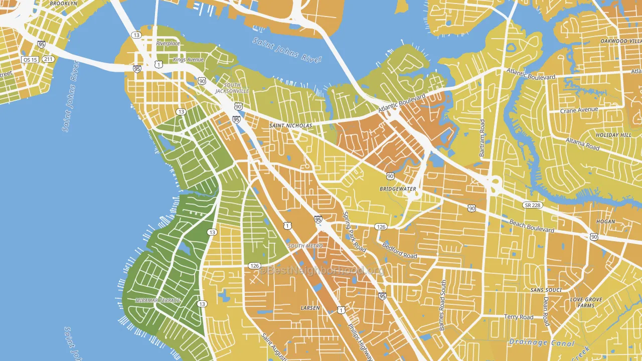 Map of the best neighborhoods in the Spring Park, Jacksonville area, with better matches in green and worse matches in red