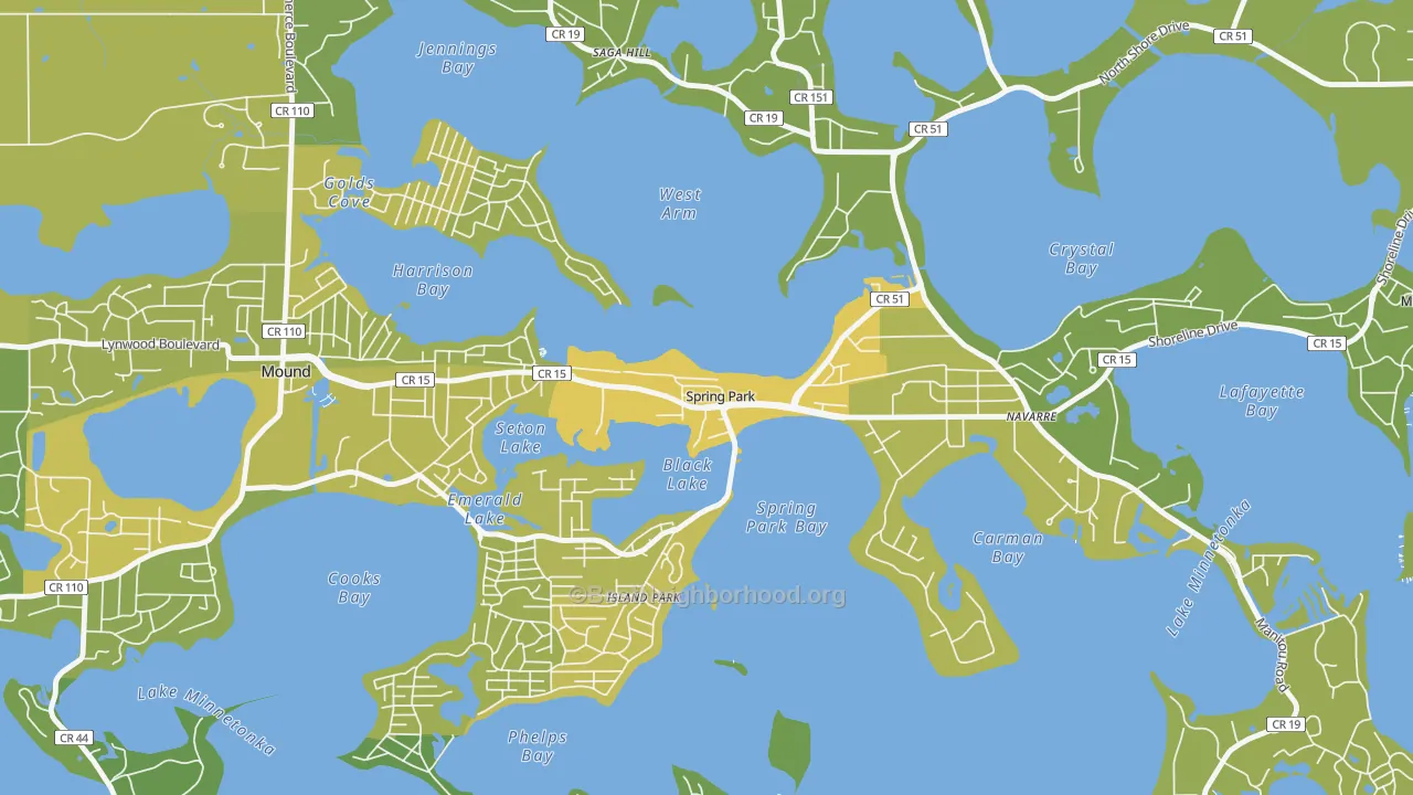 Map of the best neighborhoods in the Spring Park area, with better matches in green and worse matches in red