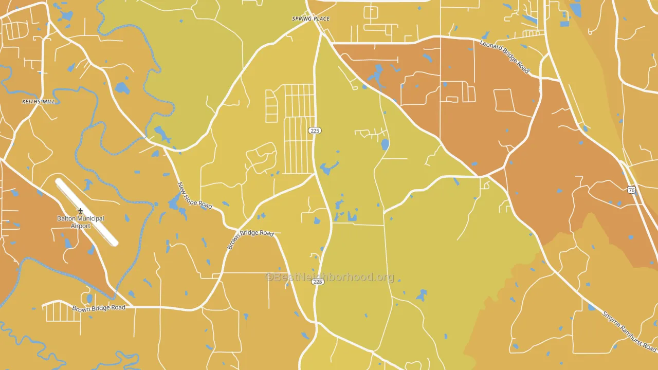 Map of the best neighborhoods in the Spring Place area, with better matches in green and worse matches in red
