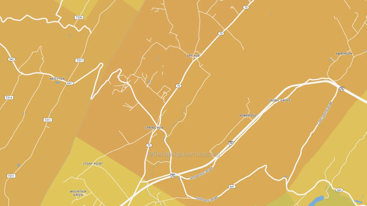 Map of the best neighborhoods in the Spring Run area, with better matches in green and worse matches in red