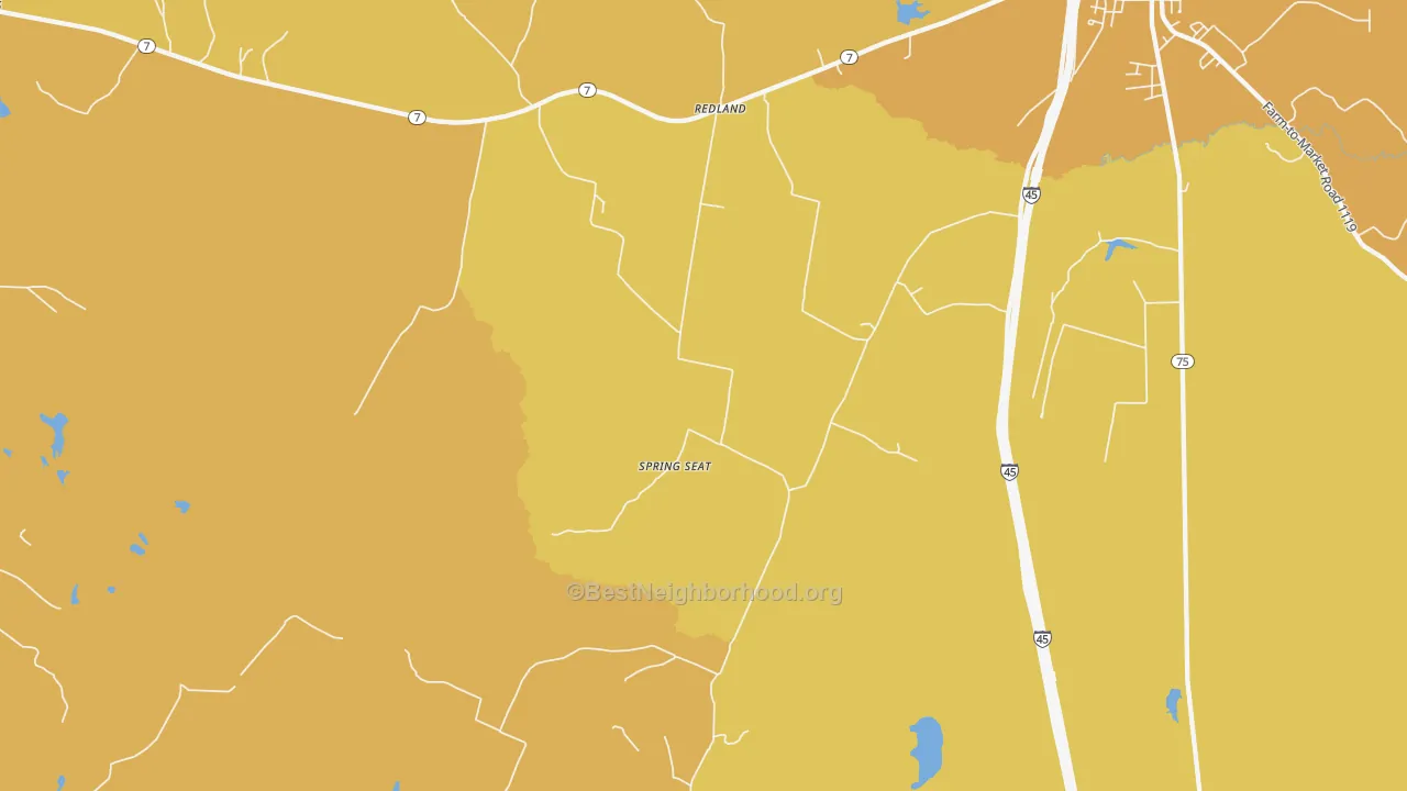 Map of the best neighborhoods in the Spring Seat area, with better matches in green and worse matches in red