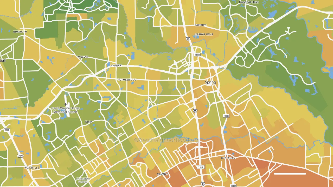 Map of the best neighborhoods in the Spring area, with better matches in green and worse matches in red
