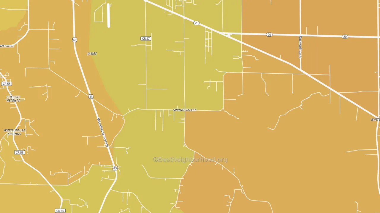 Map of the best neighborhoods in the Spring Valley area, with better matches in green and worse matches in red