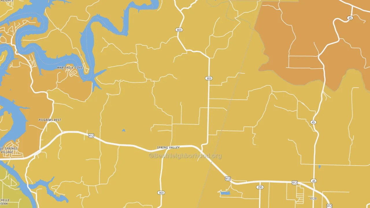 Map of the best neighborhoods in the Spring Valley area, with better matches in green and worse matches in red