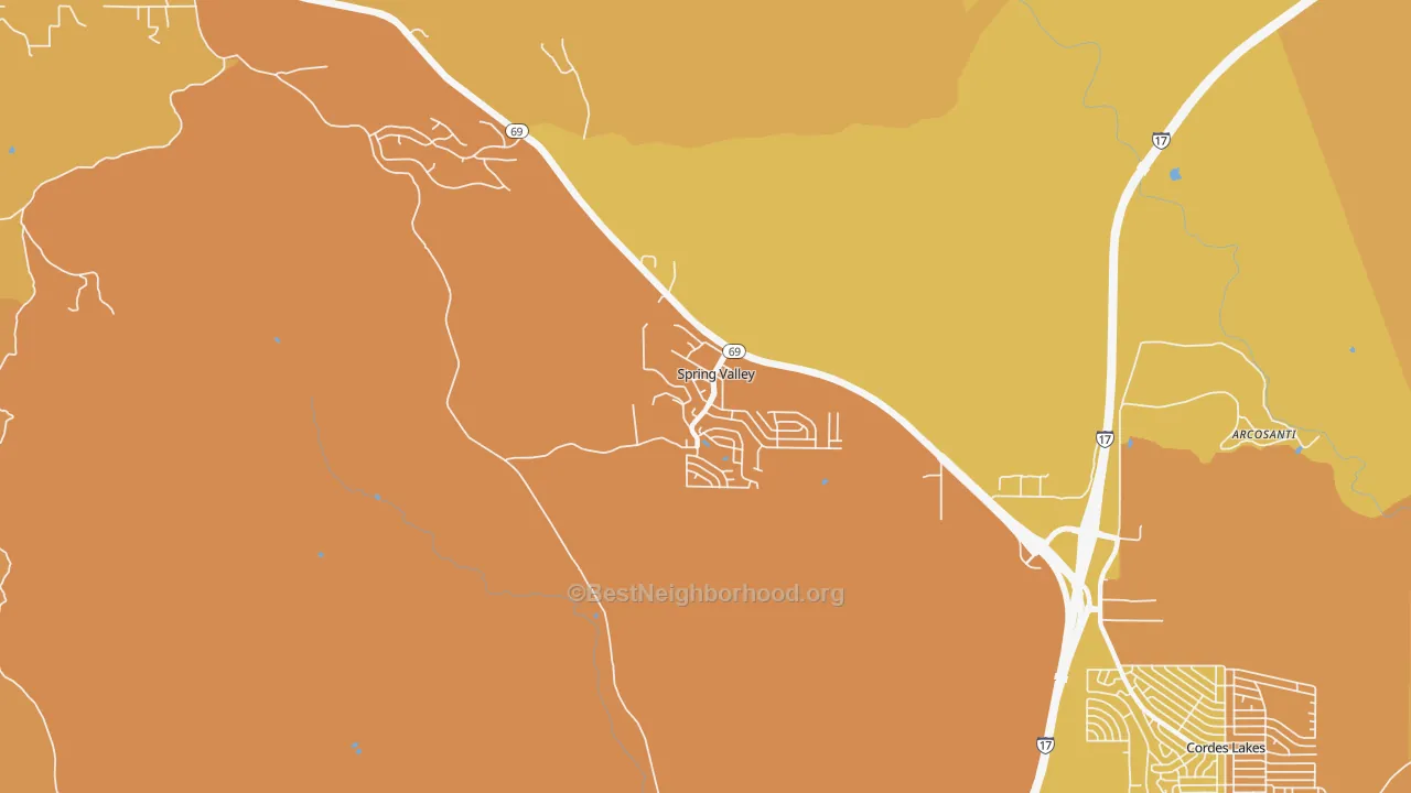 Map of the best neighborhoods in the Spring Valley area, with better matches in green and worse matches in red
