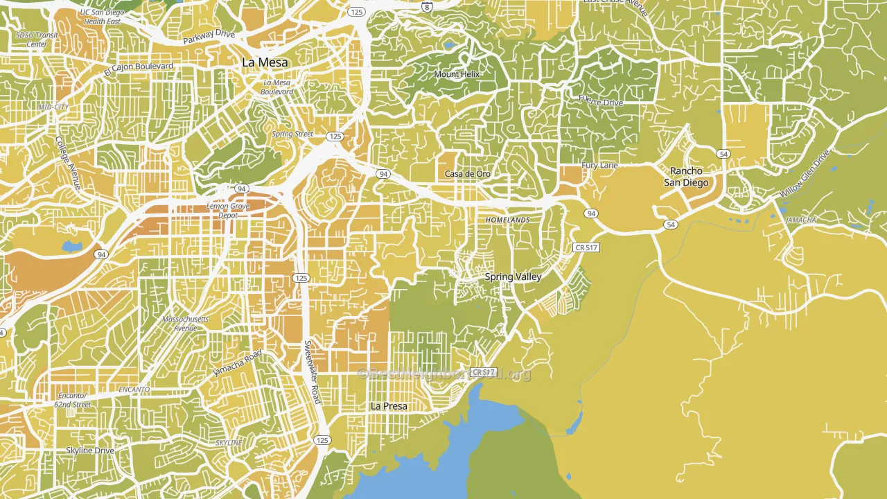 Map of the best neighborhoods in the Spring Valley area, with better matches in green and worse matches in red