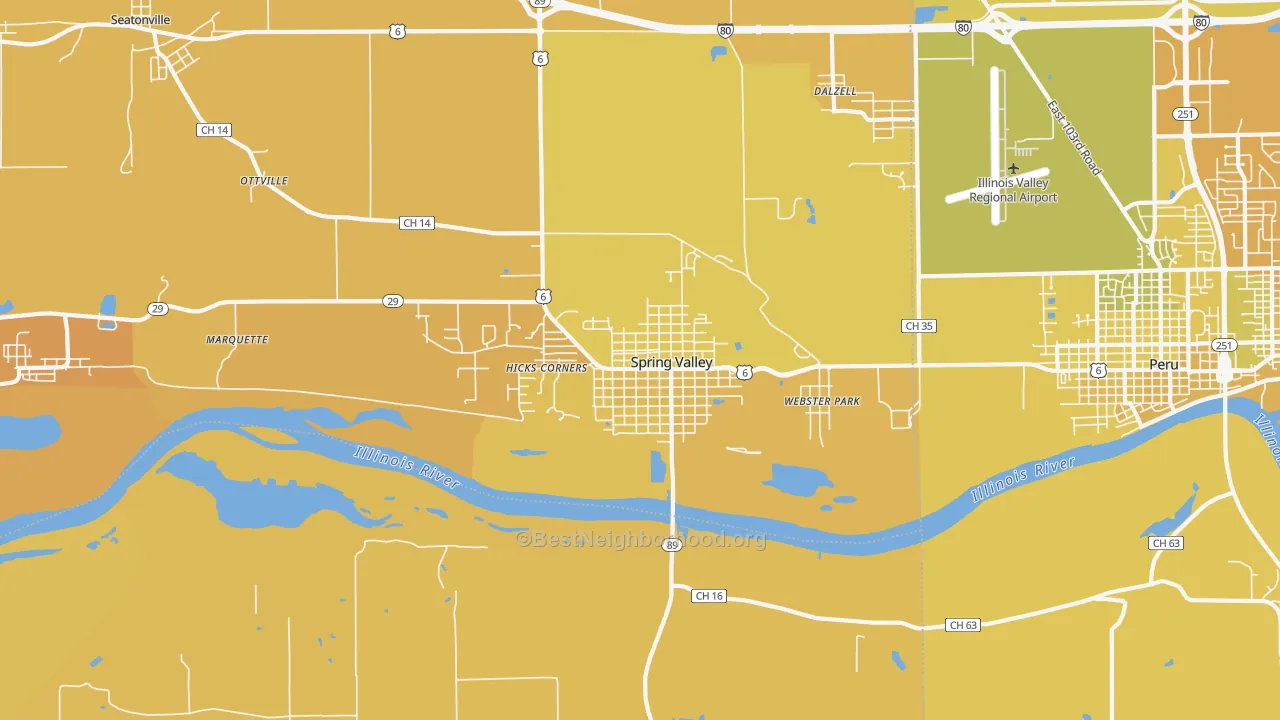 Map of the best neighborhoods in the Spring Valley area, with better matches in green and worse matches in red