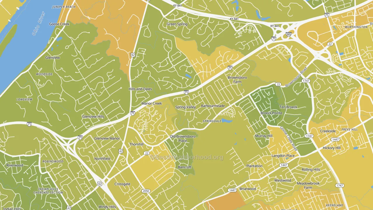 Map of the best neighborhoods in the Spring Valley area, with better matches in green and worse matches in red