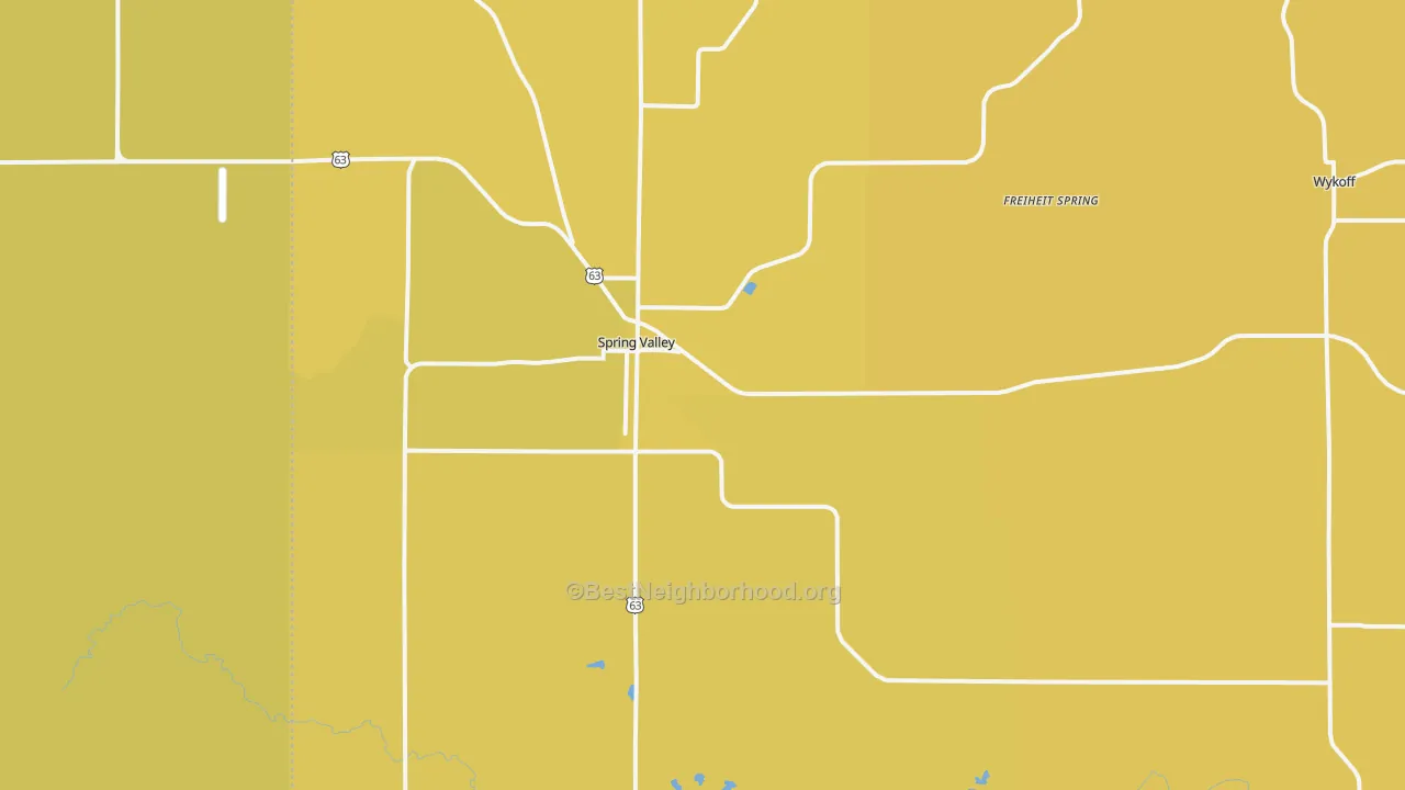 Map of the best neighborhoods in the Spring Valley area, with better matches in green and worse matches in red