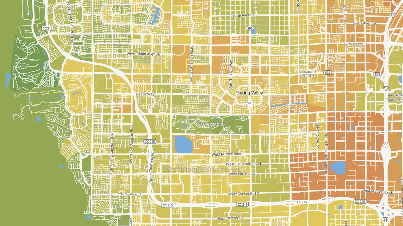 Map of the best neighborhoods in the Spring Valley area, with better matches in green and worse matches in red