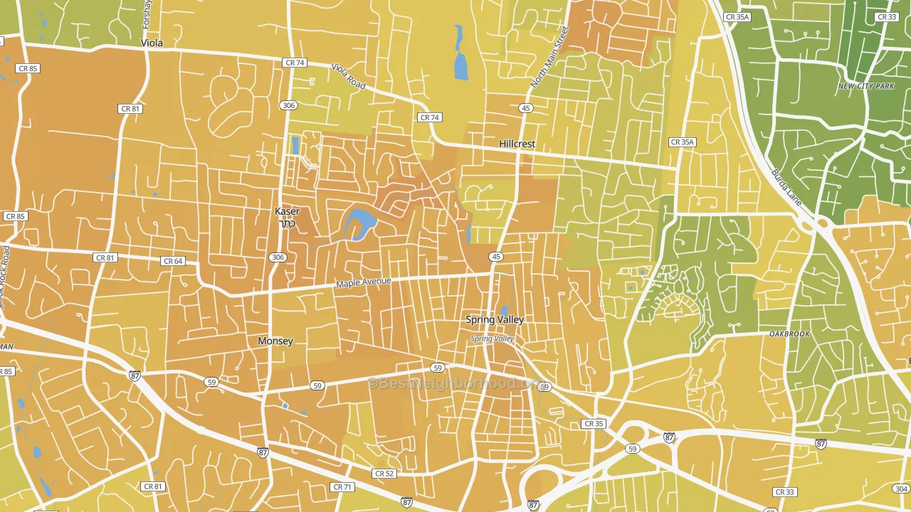 Map of the best neighborhoods in the Spring Valley area, with better matches in green and worse matches in red