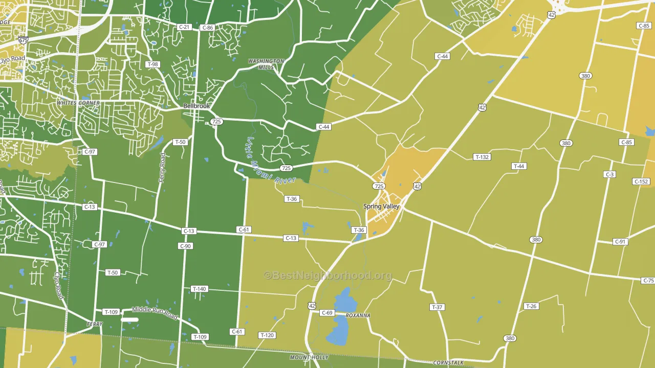 Map of the best neighborhoods in the Spring Valley area, with better matches in green and worse matches in red