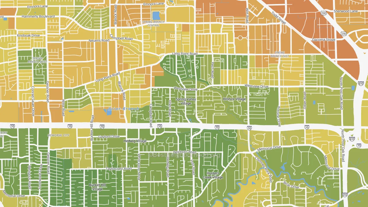 Map of the best neighborhoods in the Spring Valley area, with better matches in green and worse matches in red