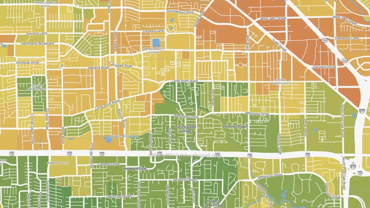 Map of the best neighborhoods in the Spring Valley Village area, with better matches in green and worse matches in red