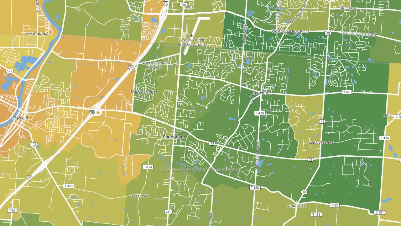 Map of the best neighborhoods in the Springboro area, with better matches in green and worse matches in red