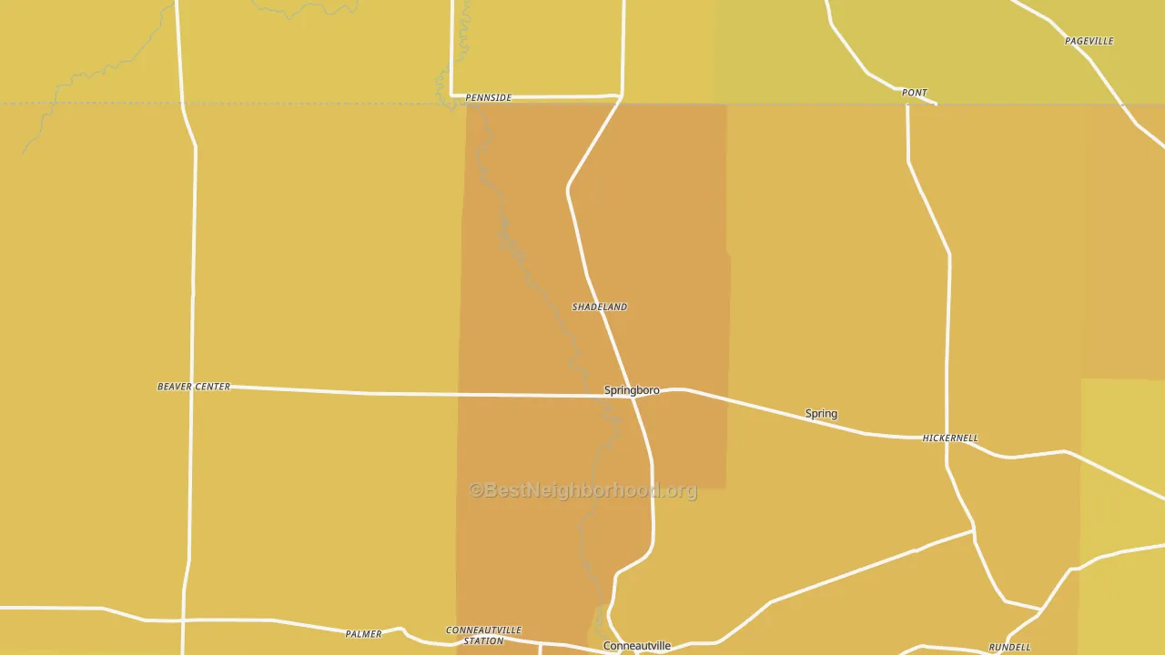 Map of the best neighborhoods in the Springboro area, with better matches in green and worse matches in red