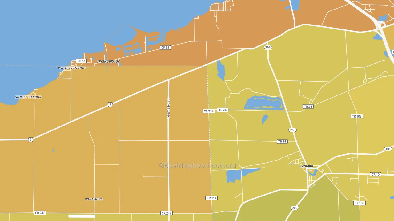Map of the best neighborhoods in the Springbrook area, with better matches in green and worse matches in red