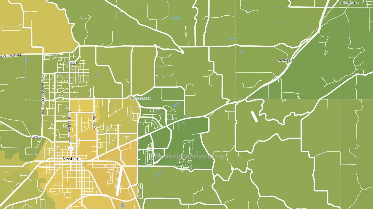 Map of the best neighborhoods in the Springbrook area, with better matches in green and worse matches in red